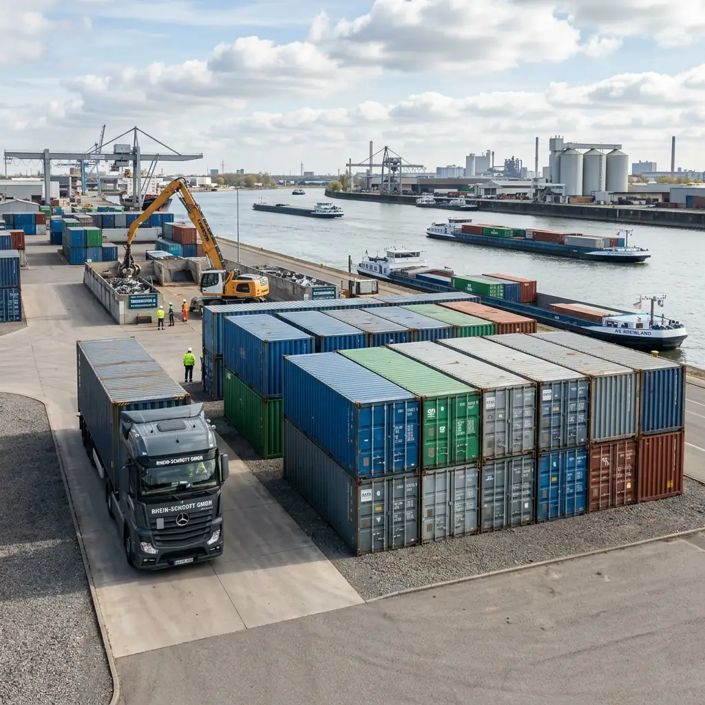 Lkw und Container an einem Umschlagplatz für Metall